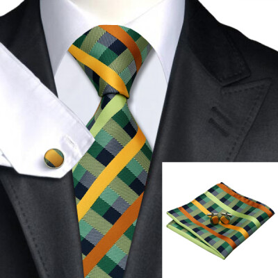 

N-0218 Vogue Men Silk Tie Set Green Plaid Necktie Handkerchief Cufflinks Set Ties For Men Formal Wedding Business wholesale