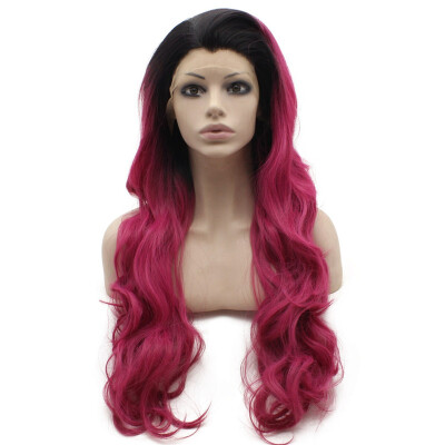 

Long Wavy Black Rose Red Ombre Swiss Lace Front Wig Synthetic Heat Resistant