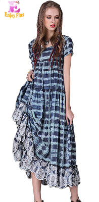 

L High Quality chest 92-96cm vintage cotton summer 2018 blue plaid long dress women short sleeve ankle length embroidery lady