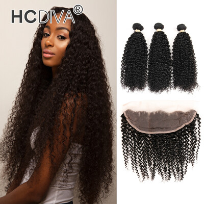 

HCDIVA 7a Unprocessed Kinky Curly 3 Bundles Hair and Frontal Closure Brazilian Kinky Curly Virgin Hair With Closure Free Part