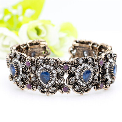 

Promotion Turkish Women Flower Vintage Bangle Cuff Antique Gold Color Open Elastic Adjust Size Bracelet Ethnic Bridal Jewelry