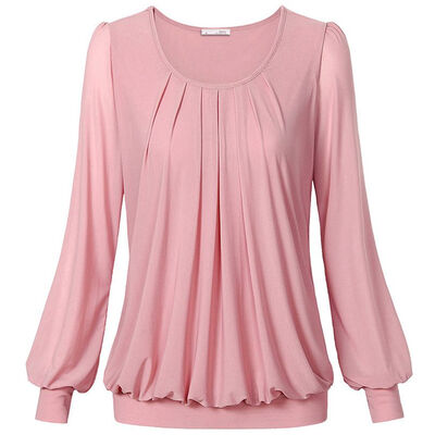 

Women TShirt Long Sleeve O-Neck Front Pleated Pullover Candy Color Scoop Crew Pleated Stretch Slim T-shirts Femme Plus Size Tops