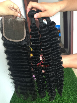 

Deep Wave Curly 3Bundles With Lace Closure Unprocessed Brazilian Deep Wave Human Hair Extension With Lace Closure