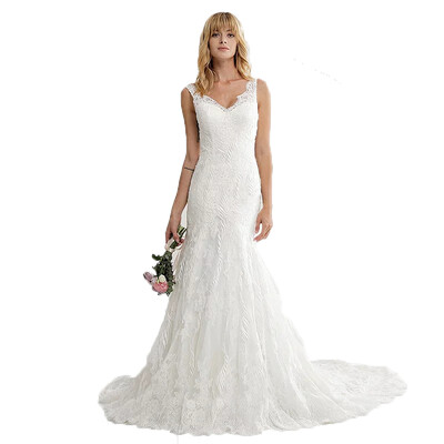 

Simple Pure White Lace Button Covered Summer Spaghetti Mermaid Wedding Dress