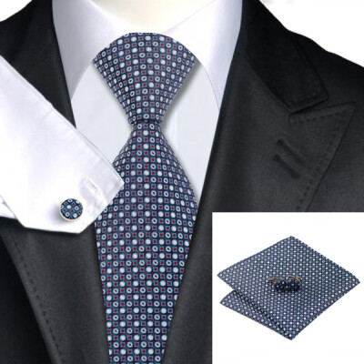 

N-0725 Vogue Men Silk Tie Set Blue Geometric Necktie Handkerchief Cufflinks Set Ties For Men Formal Wedding Business wholesale