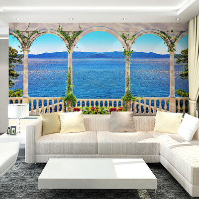 

Custom Wall Mural Wallpaper 3D Window Sea View Large Wall Painting Living Room Sofa TV Background Straw Pattern Wallpaper Modern