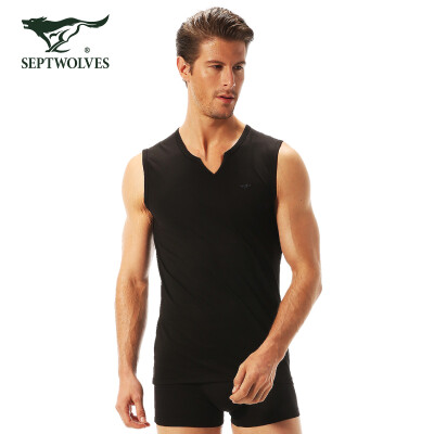 

Seven wolves bottoming short-sleeved mens T-shirt cotton fashion Heinz collar wide shoulder sports vest 98824 black