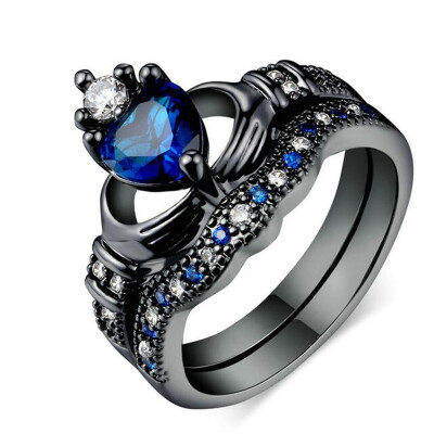 

CZ Diamond Rings Blue Crystal love Heart Cubic Zirconia Crown Wedding Ring Sets Black Gold Plated Fashion Jewelry DD015