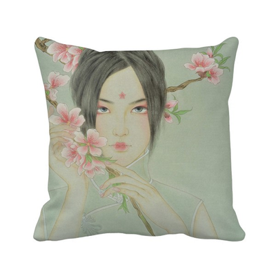 

Peach Blossom Beauty Chinese Watercolor Polyester Toss Throw Pillow Square Cushion Gift