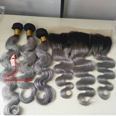 

1B Grey Body Wave Ombre Brazilian Virgin Human Hair Bundles 3 Pcs With 13x4 Ear to Ear Lace Frontal With Baby Hair Pre-plucked