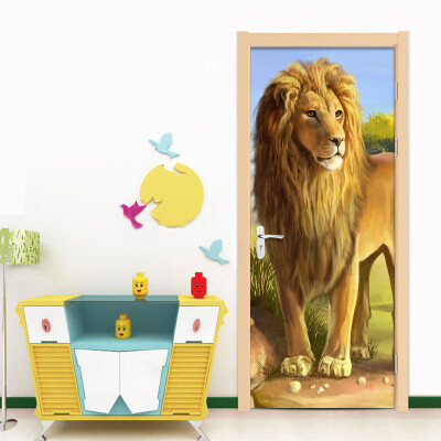 

3D обои Мультфильм Лев Животных Mural Room Door Домашний декор Стикер DIY ПВХ Водонепроницаемый Экологичный дверной стикер 70см x 200см