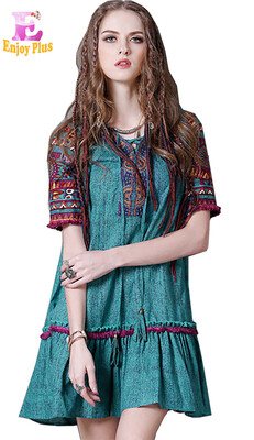 

L High Quality chest 94-98cm cotton linen casual new 2018 blue women summer dress vintage short sleeve print loose midi lady