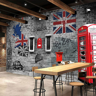 

3D-настенная роспись европейского стиля ретро тисненые кирпичные обои Red Bus Fresco Cafe Restaurant Personality Decor Murales De Pared 3D