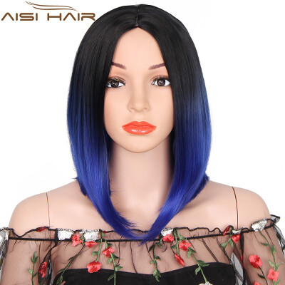 

AISI HAIR Synthetic Wigs Black Ombre Blue Wig Straight Short Hair for Black Women High temperature Fiber