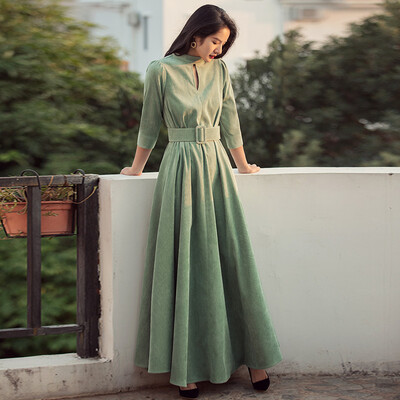 

Weiya Ji dress 2018 spring new ladies temperament retro Harajuku gentle wind corduroy&ankle dress