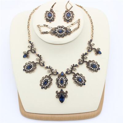 

Luxury Turkey Flower Jewelry Sets Women Hook Earring Resin Necklace Crystal Bracelet Antique Gold Color Bridal Wedding Bijoux