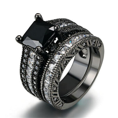 

Black Gun Plated Black Square Stone Ring Sets Luxury Design Trendy Finger Rings For Women Full Size Whole Sale R627