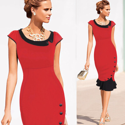 

Lovaru ™Mermaid Button 2015 Winter Sleeve red New Vintage dress V neck formal evening party bodycon office Midi dress