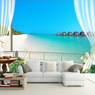 

Custom 3D Photo Wallpaper Murals Maldives 3D Stereoscopic Window Balcony Beach Sea view Backdrop Wall Mural Non-woven Wallpaper