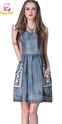 

M L High Quality chest 91-99cm vintage cotton summer 2018 blue jeans dress women sleeveless denim embroidery knee length lady