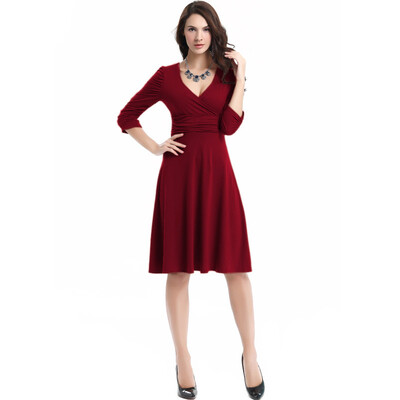 

Women Solid Color Slim elegant was thin High waist Fashion deep pleated v-fold multi-color dress L25