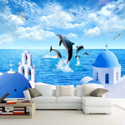 

Пользовательские 3D-обои для фото Blue Sky White Clouds Ocean Sea Island Dolphin Living Room Диван Телевизор Фон Украшение Стены Картина