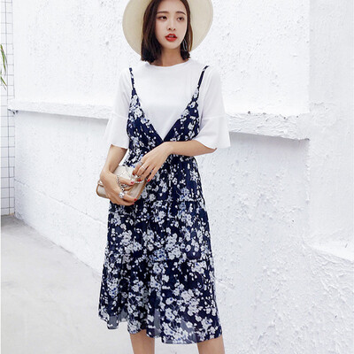 

Langyue Womens 2018 Spring New Trumpet Sleeve Chiffon Dress Set Floral Slip Dress Two-piece LWQZ183311 Blue
