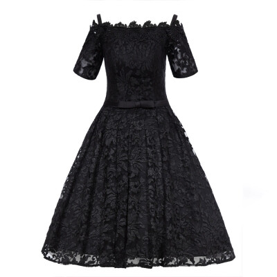 

CAZDZY A-Line Off-the-Shoulder Short Sleeves Lace Knee-Length Cocktail Dress