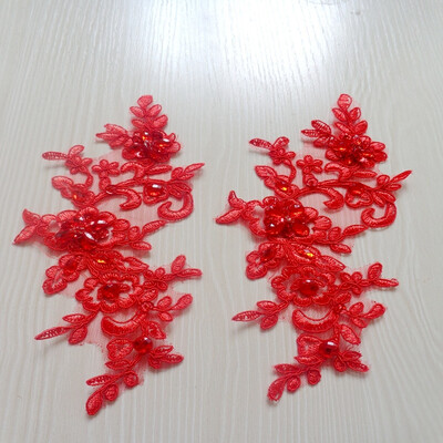 

Handmade sew on crystal trim patches red lace applique with bead sequins rhinestones 238cm for top dress skirt