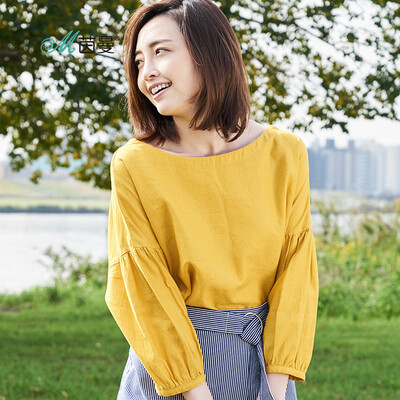 

INMAN literary&art two long sleeves V-neck cotton&linen pullover shirt female 18810VP11064 apricot yellow S