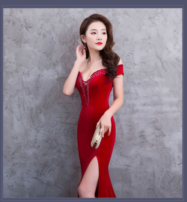 

Banquet evening dress female sense of the annual host fishtail skirt long velvet slim dignified atmosphere