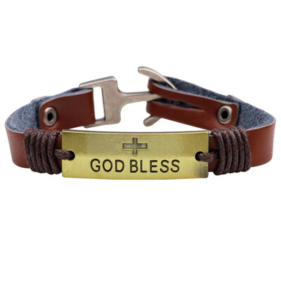 

QUEEN SHOW Bronze Bracelet Cross God Bless Leather Bracelet Punk