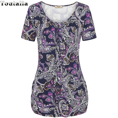 

Summer Style Tops Short Sleeve O-neck Knitted Women T-Shirts Elegant Pleated Floral Print Basic Tee Shirts  Plus Size Top