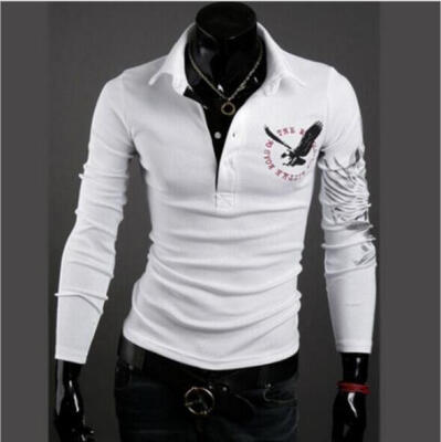 

European&American leisure eagle tattoo printing slim neck mens long sleeves POLO shirts