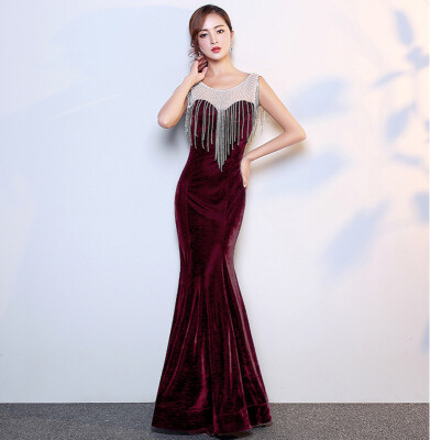 

Velvet rhinestone evening dress new banquet long noble elegant slim fish tail annual host