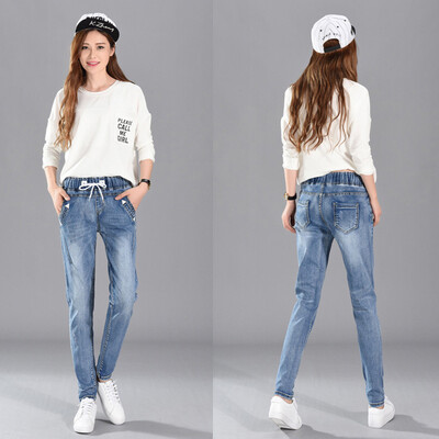 

Fall cotton lady jeans big size high waist fashion long pants loose comfortable haren elastic pencil jeans velvet availble