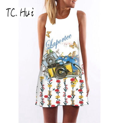 

2018 new trend fashion digital printing round neck strapless dress