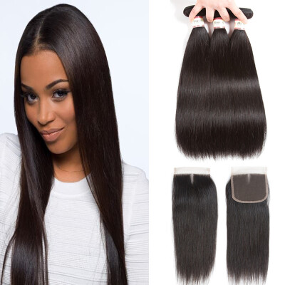 

Brazilian Virgin Hair Straight 3 Bundles with Closure Brazilian Straight with Lace Closure Human Hair Extensions