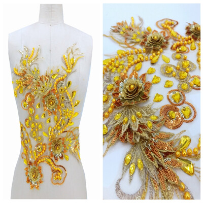 

Three-dimensional flower golden lace applique with bead rhinestones trimming patches 4227cm for dress accessory