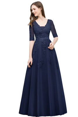 

Bridesmaid A-line V-neck Half Sleeves Gray Lace Evening Dresses Sexy Backless Applique Long Prom Dresses
