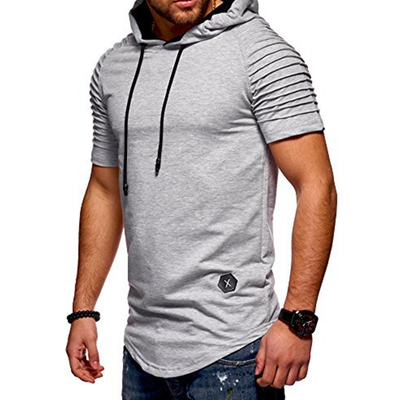 

Summer Mens Casual Tops Fashion Short Sleeved T-shirt Solild Color Fold Round Neck Hooded Pullovers Clothes Mens T-shirt