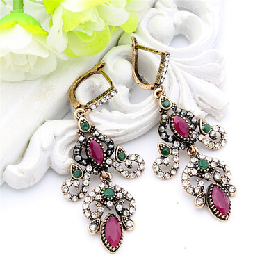 

Vintage Slavic Women Resin Flower Drop Earring Long Hook Jewelry Dangle Earring Antique Gold Color Arabesque Ethnic Bride Bijoux