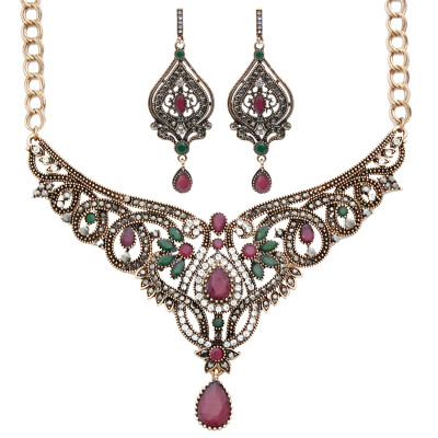 

New Vintage Jewelry Sets Long Hook Dangle Earring Flower Antique Necklace Water Drop Pendant Turkish Bridal Wedding Wing Jewelry