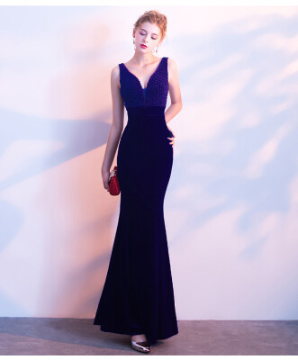 

Handmade beaded decoration Velvet A-Line Off-The-Shoulder V-Neck sequins Slim shoulder fishtail evening dress banquet skirt