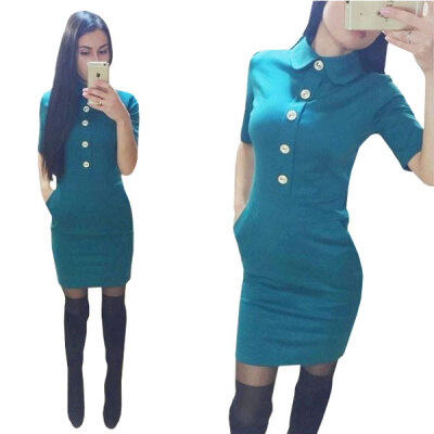 

Lovaru ™New 2015 fashion Women Red Casual Dress Slim Short Sleeve Turn-down Collar Mini Office Bodycon Pencil Dress vestidos