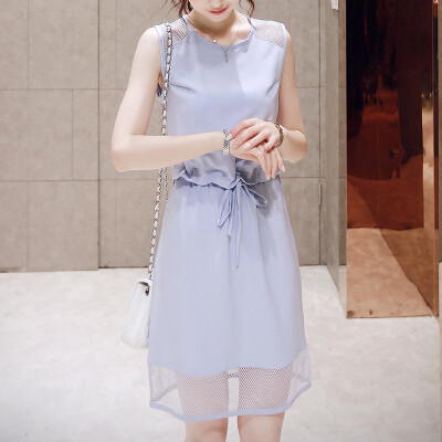 

Lovaru ™New 2015 fashion Women's clothing han edition grid hollow out draw string waist show thin sleeveless dresses