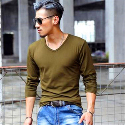 

Mens Wear Fashion V-collar T-shirts Youth Casual Long Sleeves Tops Male Comfortable Cotton Bottoming Shirts