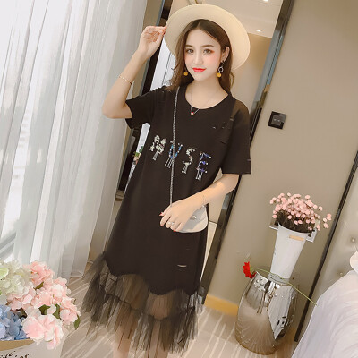 

Langyue womens short-sleeved dress 2018 summer new long T-shirt skirt student beaded letter mesh stitching skirt LWQZ184209 black