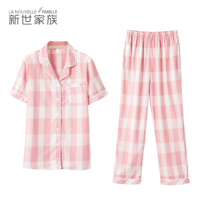 

New World Family Couple Pajamas Summer 2018 New woven Plaid Cotton Cardigan Short Sleeve Home Service Set Pink XL