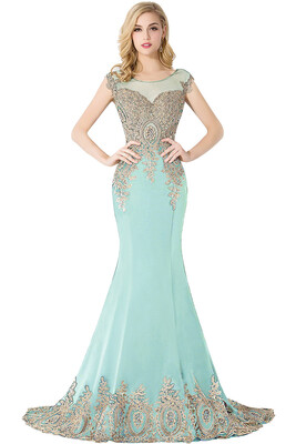 

Lace Applique Mermaid Prom Dresses Capped Sleeves Sheer Long Evening Dresses